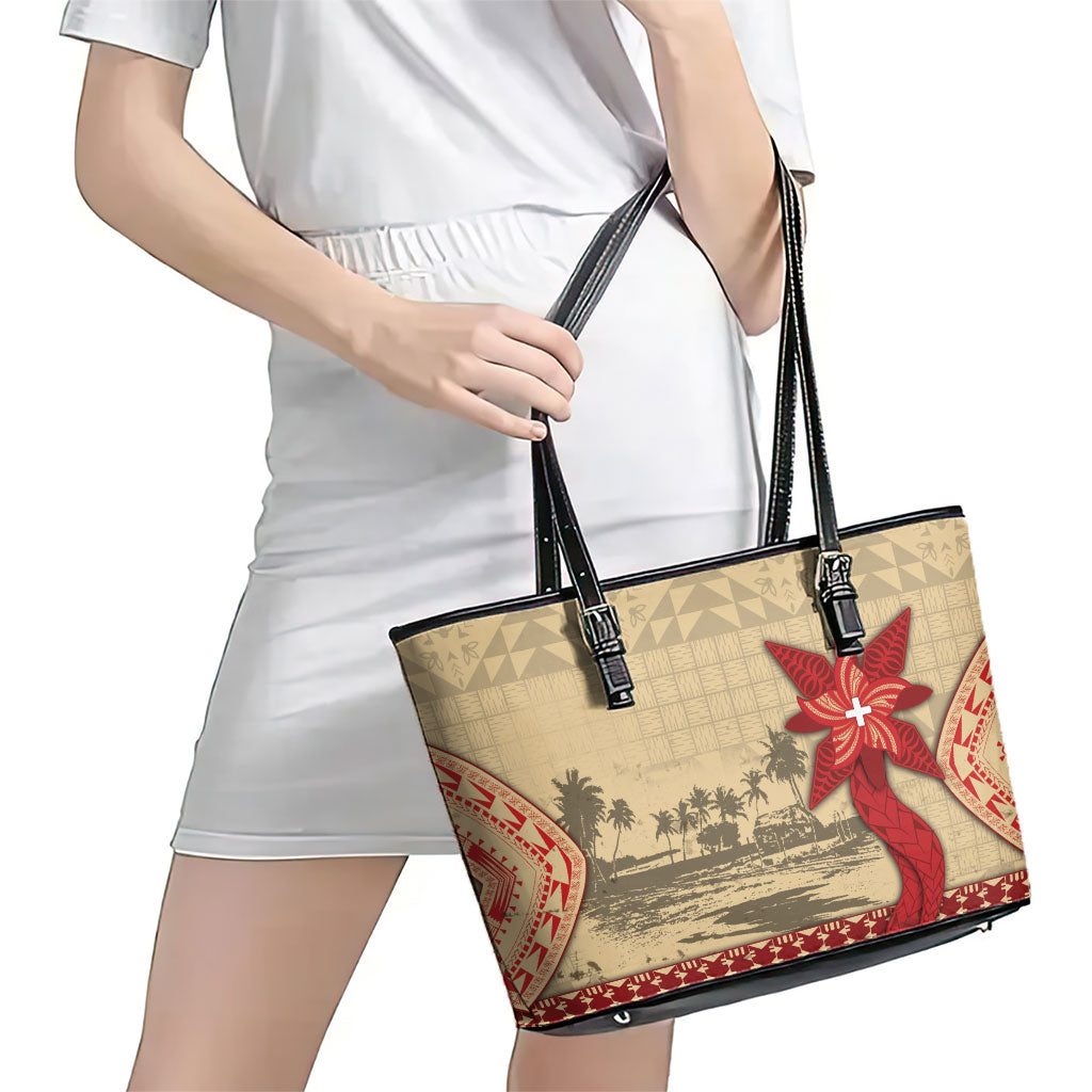 Tonga Language Week Leather Tote Bag Tribal Cross Ngatu Floral Pattern DT05 - Polynesian Pride