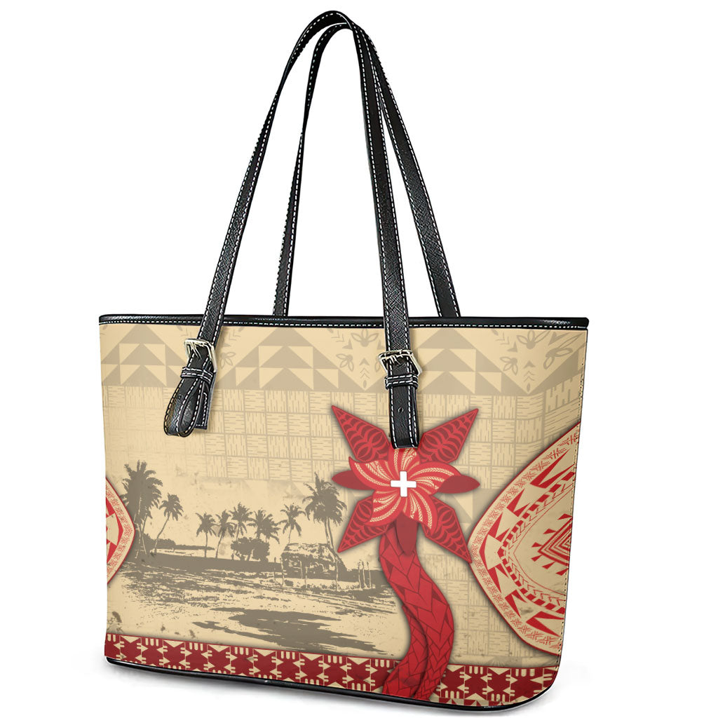 Tonga Language Week Leather Tote Bag Tribal Cross Ngatu Floral Pattern DT05 - Polynesian Pride