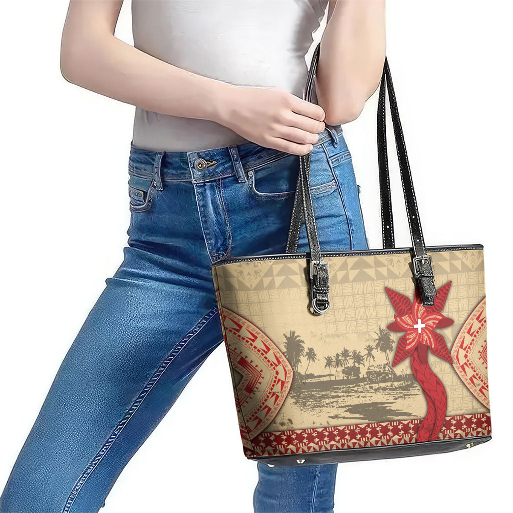 Tonga Language Week Leather Tote Bag Tribal Cross Ngatu Floral Pattern DT05 - Polynesian Pride