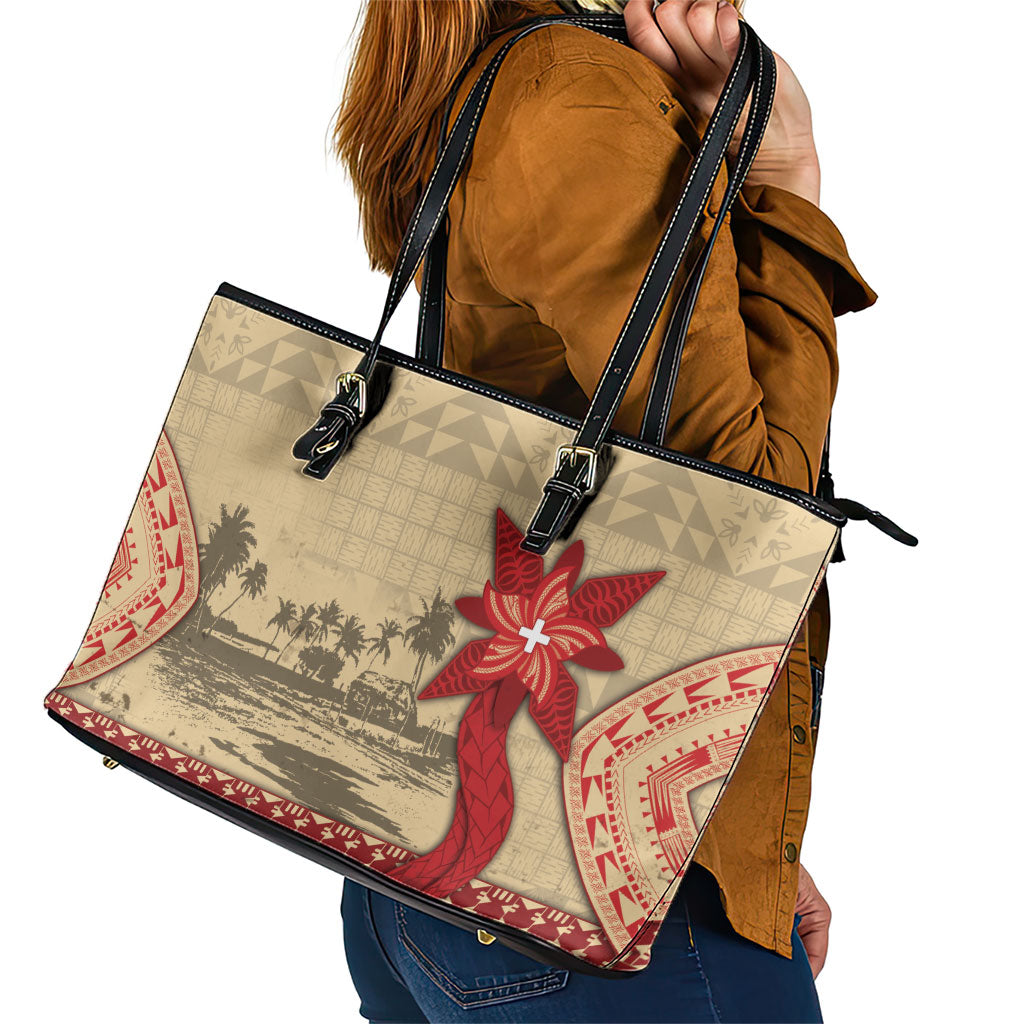 Tonga Language Week Leather Tote Bag Tribal Cross Ngatu Floral Pattern DT05 - Polynesian Pride