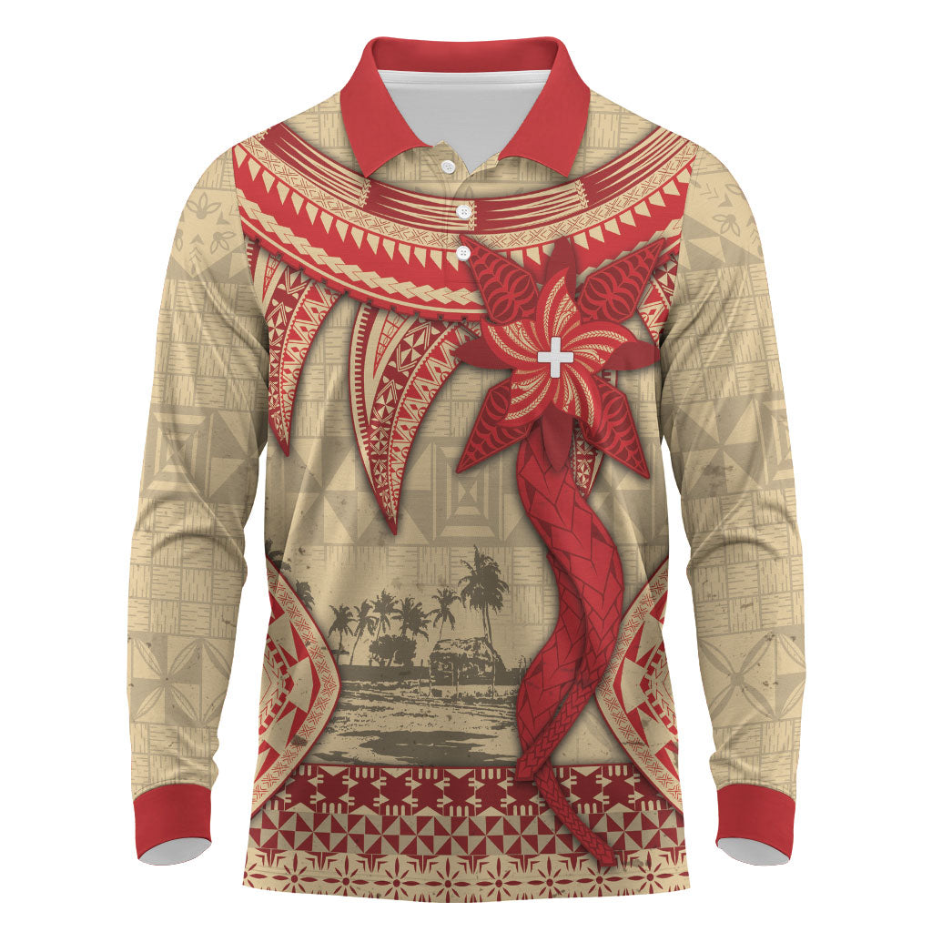 Tonga Language Week Long Sleeve Polo Shirt Tribal Cross Ngatu Floral Pattern DT05 Red - Polynesian Pride