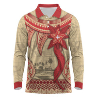 Tonga Language Week Long Sleeve Polo Shirt Tribal Cross Ngatu Floral Pattern DT05 Red - Polynesian Pride