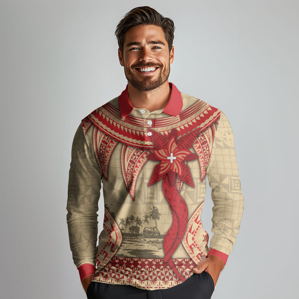 Tonga Language Week Long Sleeve Polo Shirt Tribal Cross Ngatu Floral Pattern DT05 - Polynesian Pride