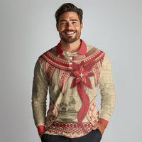 Tonga Language Week Long Sleeve Polo Shirt Tribal Cross Ngatu Floral Pattern DT05 - Polynesian Pride
