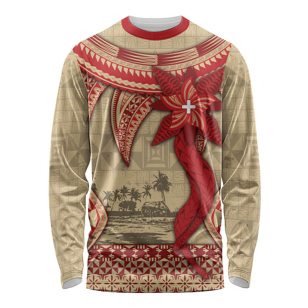 Tonga Language Week Long Sleeve Shirt Tribal Cross Ngatu Floral Pattern DT05 Unisex Red - Polynesian Pride
