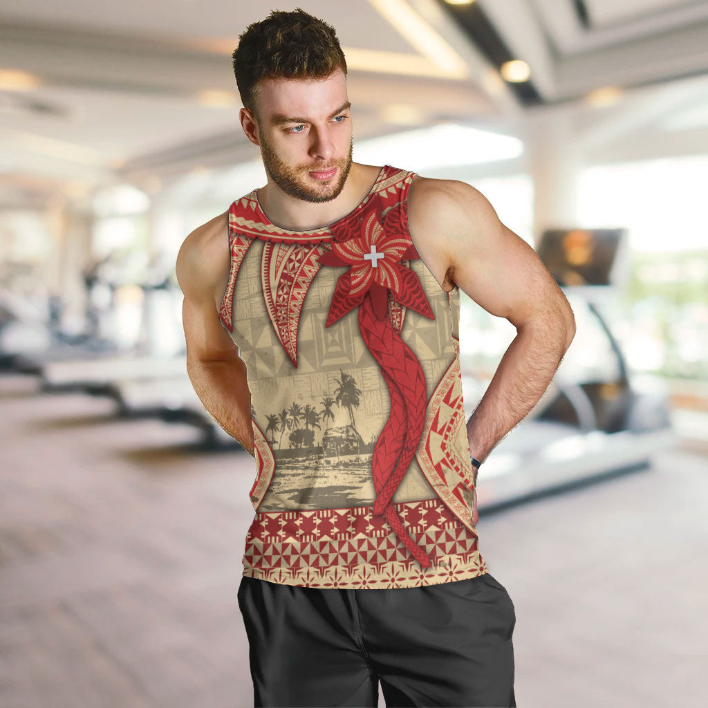 Tonga Language Week Men Tank Top Tribal Cross Ngatu Floral Pattern DT05 Red - Polynesian Pride