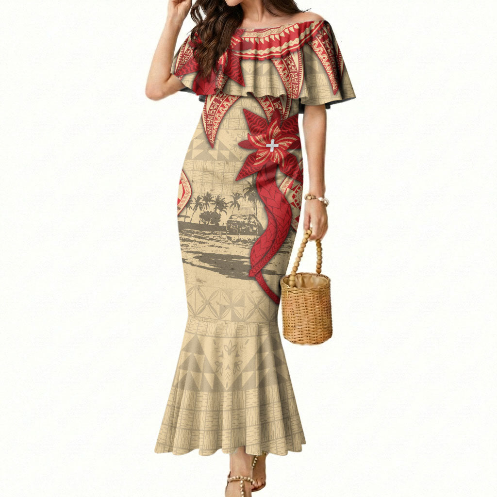 Tonga Language Week Mermaid Dress Tribal Cross Ngatu Floral Pattern DT05 Women Red - Polynesian Pride