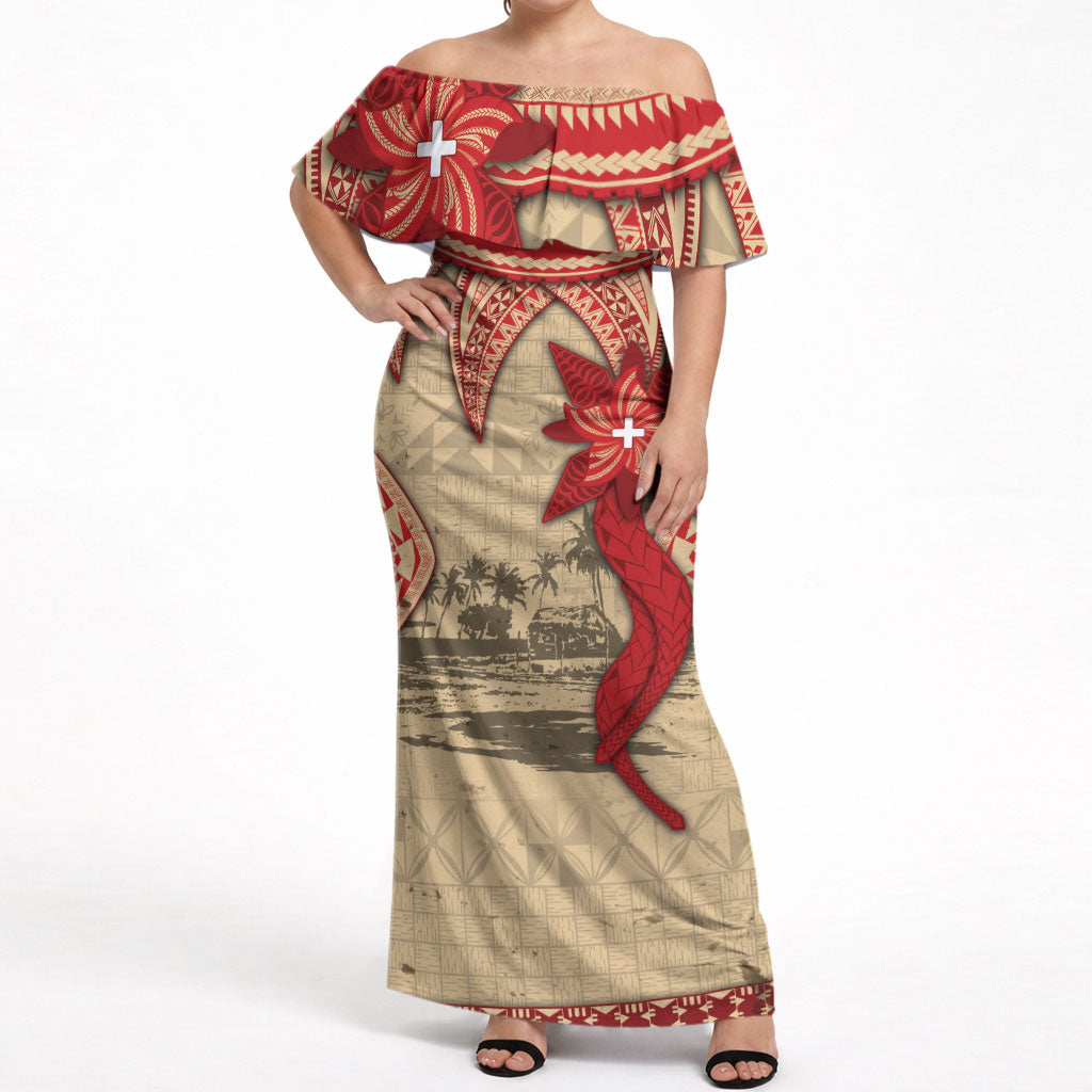 Tonga Language Week Off Shoulder Maxi Dress Tribal Cross Ngatu Floral Pattern DT05 Women Red - Polynesian Pride