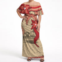 Tonga Language Week Off Shoulder Maxi Dress Tribal Cross Ngatu Floral Pattern DT05 Women Red - Polynesian Pride