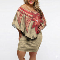 Tonga Language Week Off Shoulder Short Dress Tribal Cross Ngatu Floral Pattern DT05 Women Red - Polynesian Pride