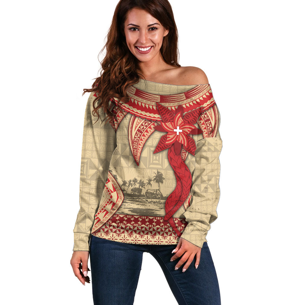 Tonga Language Week Off Shoulder Sweater Tribal Cross Ngatu Floral Pattern DT05 Women Red - Polynesian Pride