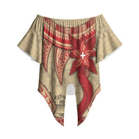 Tonga Language Week Off Shoulder Wrap Waist Top Tribal Cross Ngatu Floral Pattern DT05 Red - Polynesian Pride