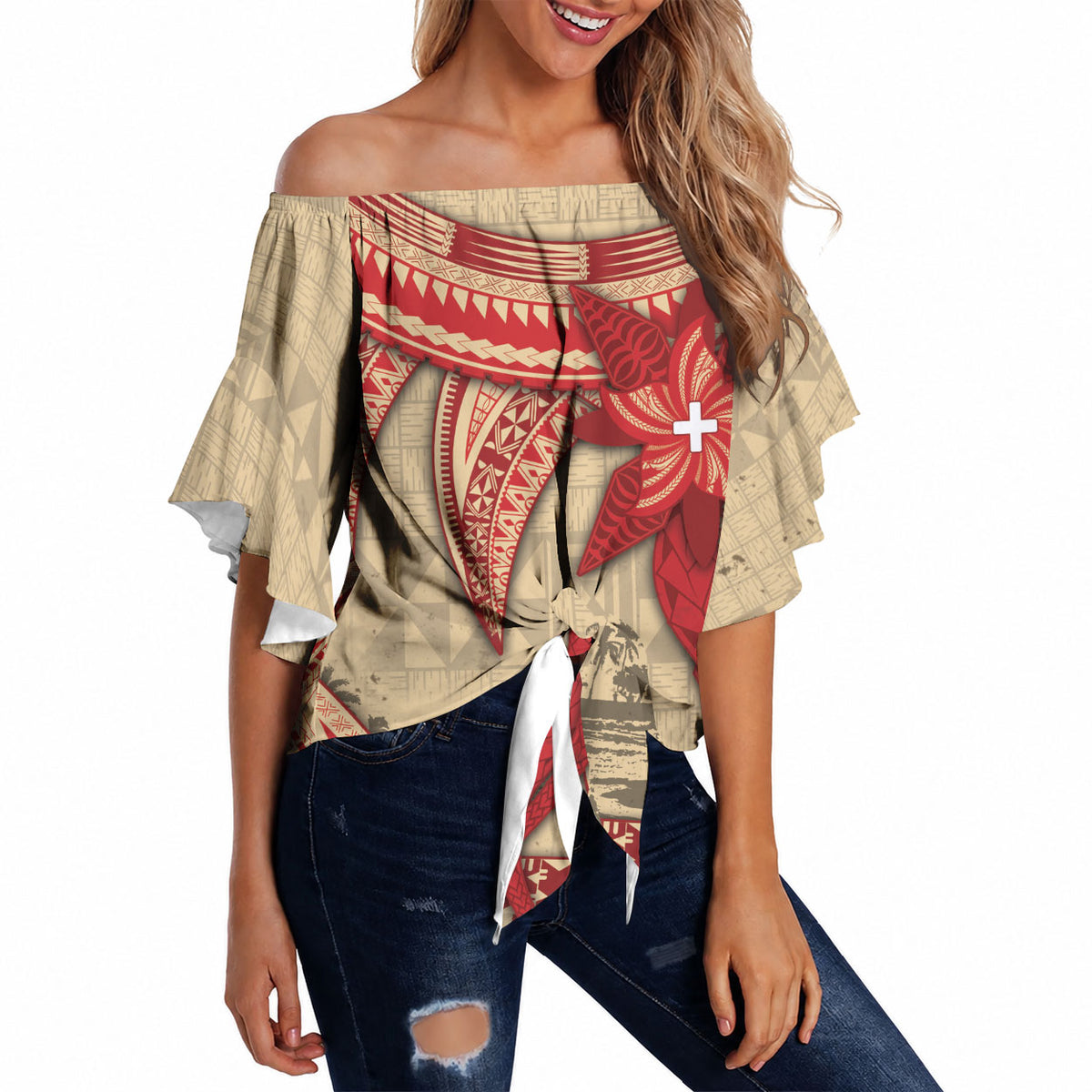 Tonga Language Week Off Shoulder Wrap Waist Top Tribal Cross Ngatu Floral Pattern DT05 - Polynesian Pride