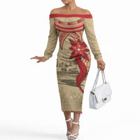 Tonga Language Week Off The Shoulder Long Sleeve Dress Tribal Cross Ngatu Floral Pattern DT05 Women Red - Polynesian Pride