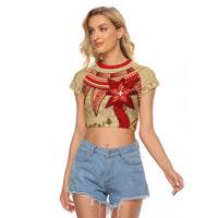 Tonga Language Week Raglan Cropped T Shirt Tribal Cross Ngatu Floral Pattern DT05 Female Red - Polynesian Pride