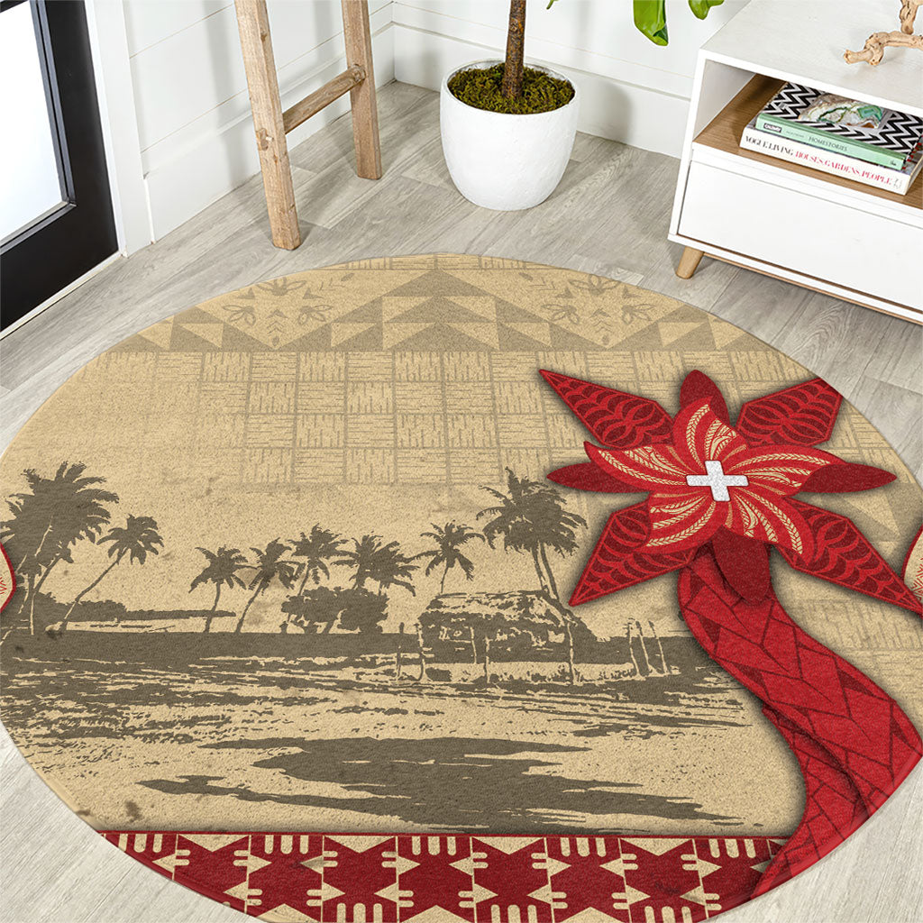Tonga Language Week Round Carpet Tribal Cross Ngatu Floral Pattern DT05 Red - Polynesian Pride