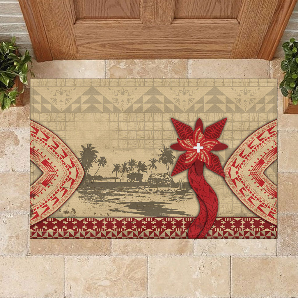 Tonga Language Week Rubber Doormat Tribal Cross Ngatu Floral Pattern DT05 Red - Polynesian Pride