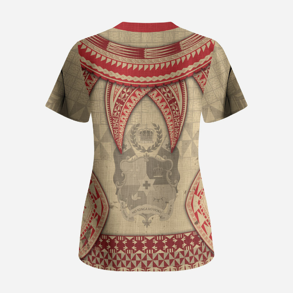 Tonga Language Week Scrub Top Tribal Cross Ngatu Floral Pattern DT05 - Polynesian Pride