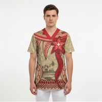 Tonga Language Week Scrub Top Tribal Cross Ngatu Floral Pattern DT05 - Polynesian Pride