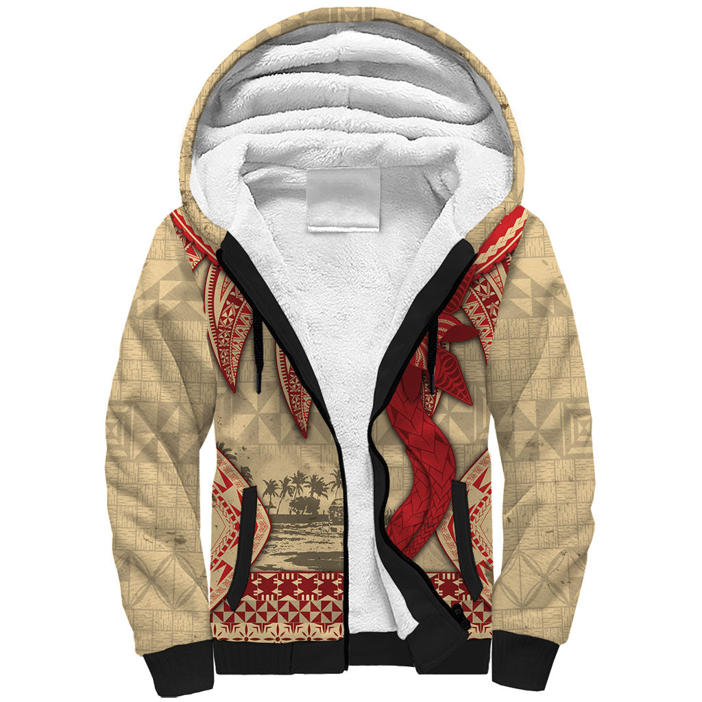 Tonga Language Week Sherpa Hoodie Tribal Cross Ngatu Floral Pattern DT05 Unisex Red - Polynesian Pride
