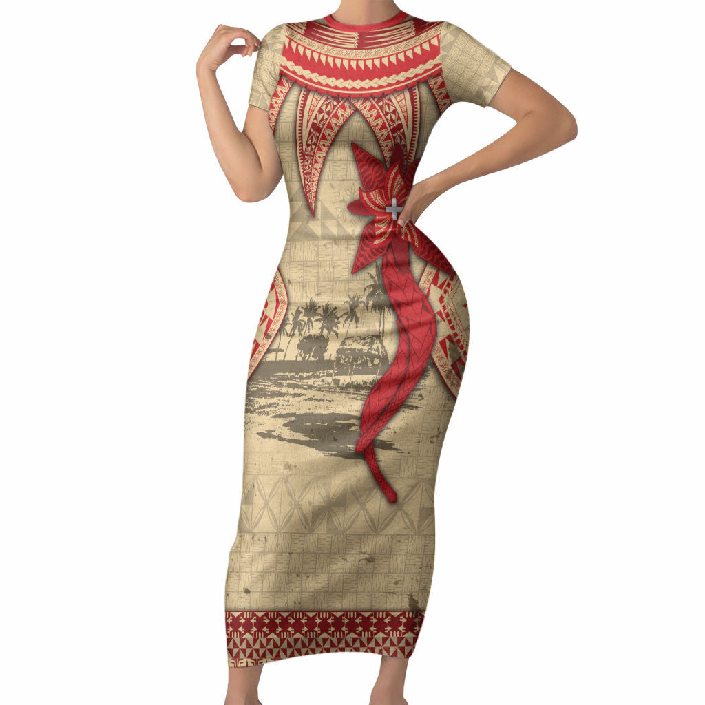 Tonga Language Week Short Sleeve Bodycon Dress Tribal Cross Ngatu Floral Pattern DT05 Long Dress Red - Polynesian Pride