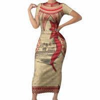 Tonga Language Week Short Sleeve Bodycon Dress Tribal Cross Ngatu Floral Pattern DT05 Long Dress Red - Polynesian Pride