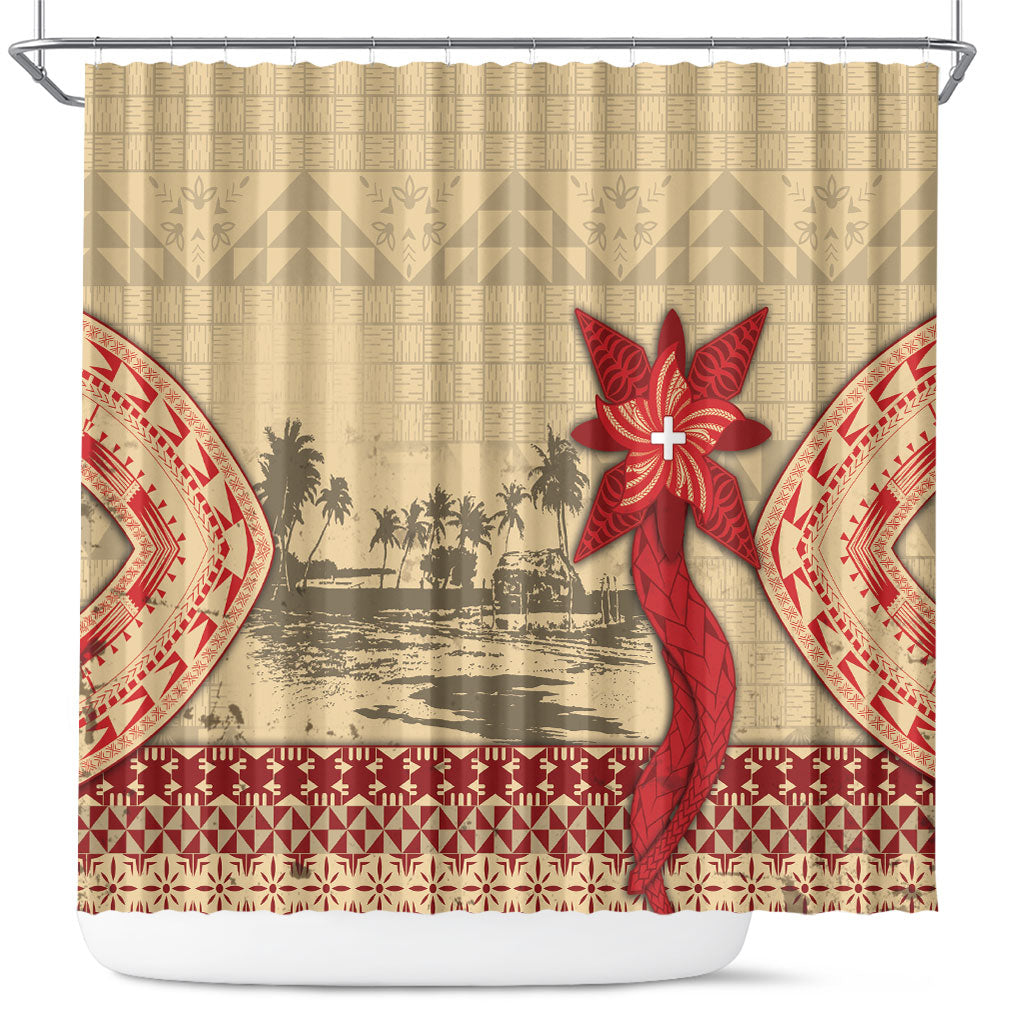 Tonga Language Week Shower Curtain Tribal Cross Ngatu Floral Pattern DT05 Red - Polynesian Pride