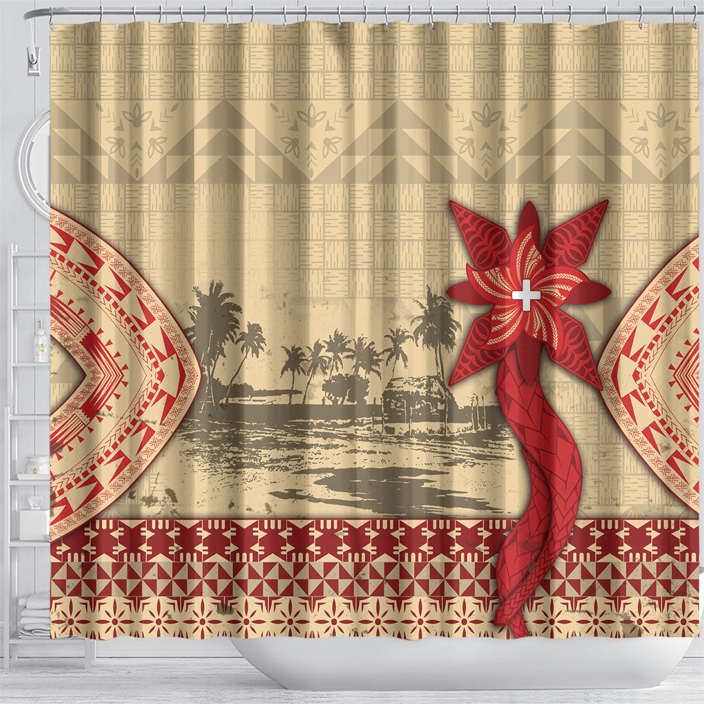 Tonga Language Week Shower Curtain Tribal Cross Ngatu Floral Pattern DT05 - Polynesian Pride