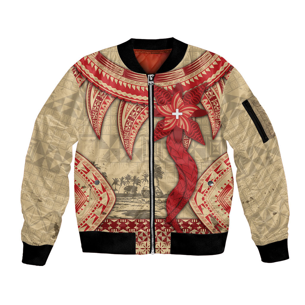 Tonga Language Week Sleeve Zip Bomber Jacket Tribal Cross Ngatu Floral Pattern DT05 Unisex Red - Polynesian Pride