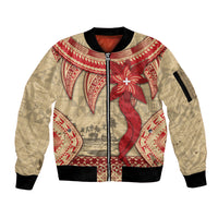 Tonga Language Week Sleeve Zip Bomber Jacket Tribal Cross Ngatu Floral Pattern DT05 Unisex Red - Polynesian Pride