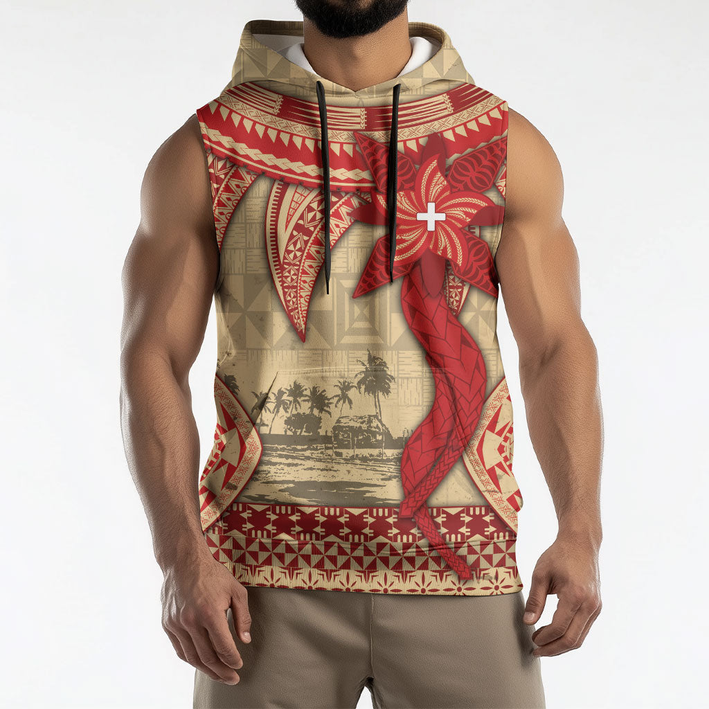 Tonga Language Week Sleeveless Hoodie Tribal Cross Ngatu Floral Pattern DT05 - Polynesian Pride