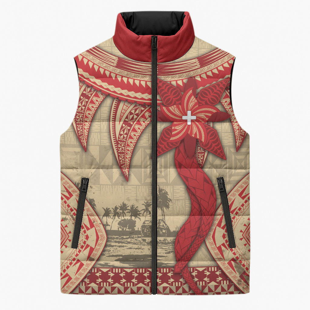 Tonga Language Week Sleeveless Puffer Jacket Tribal Cross Ngatu Floral Pattern DT05 Unisex Red - Polynesian Pride