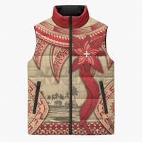 Tonga Language Week Sleeveless Puffer Jacket Tribal Cross Ngatu Floral Pattern DT05 Unisex Red - Polynesian Pride