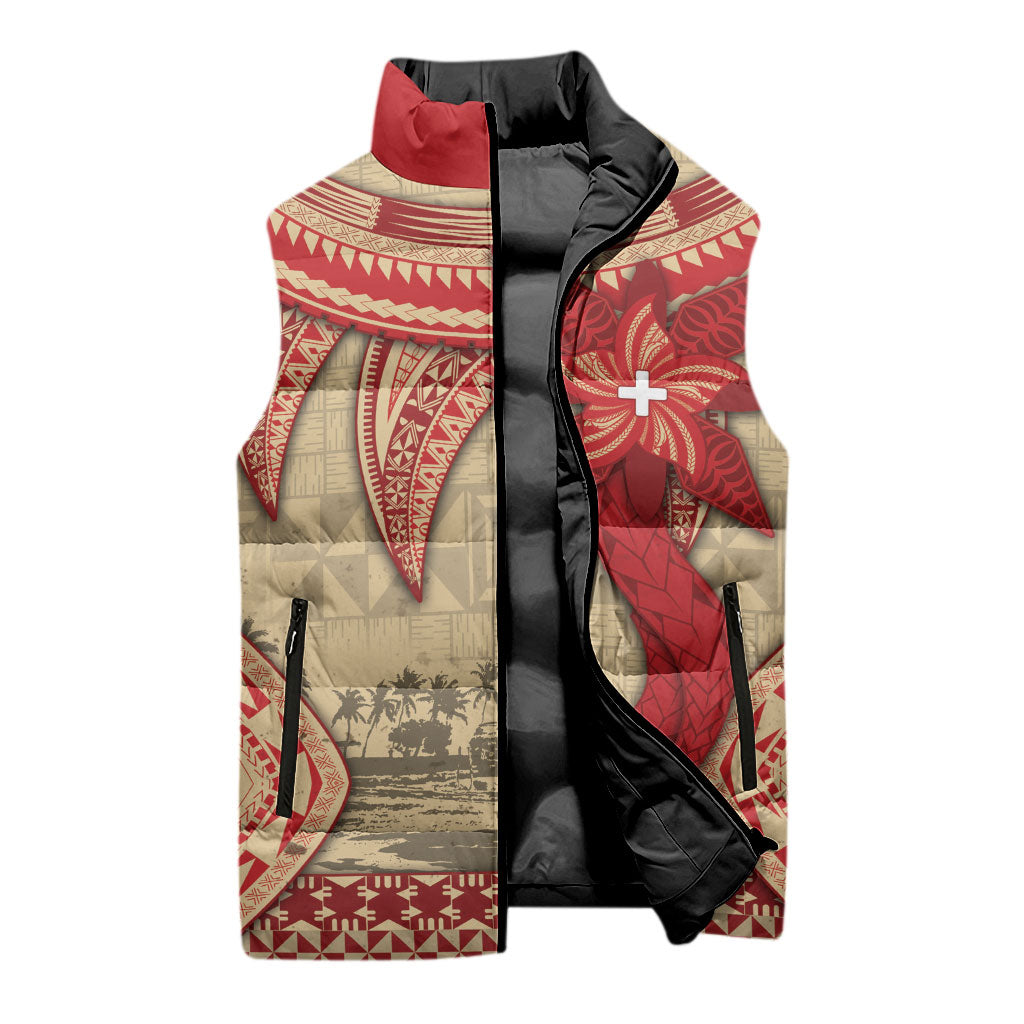 Tonga Language Week Sleeveless Puffer Jacket Tribal Cross Ngatu Floral Pattern DT05 - Polynesian Pride