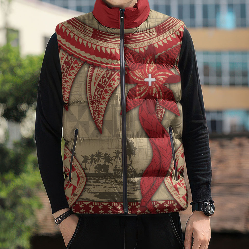 Tonga Language Week Sleeveless Puffer Jacket Tribal Cross Ngatu Floral Pattern DT05 - Polynesian Pride