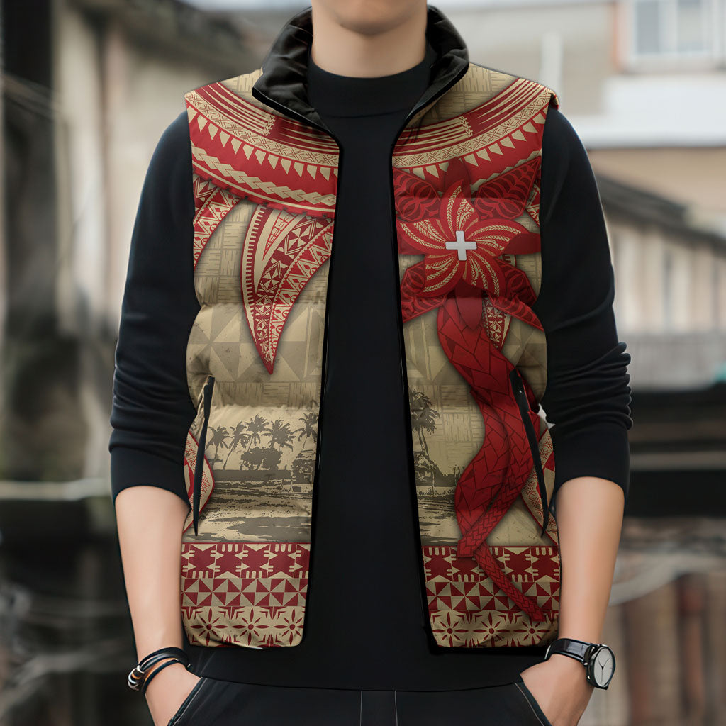 Tonga Language Week Sleeveless Puffer Jacket Tribal Cross Ngatu Floral Pattern DT05 - Polynesian Pride
