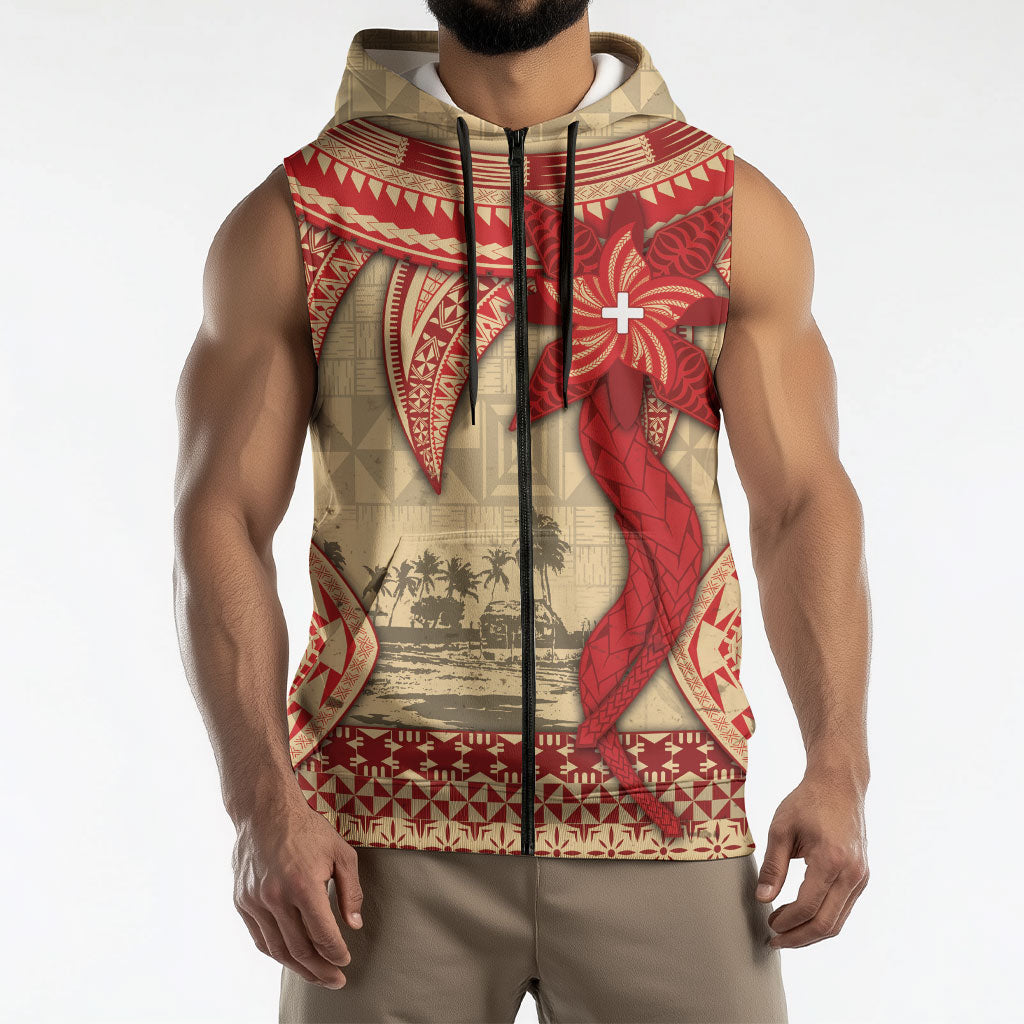 Tonga Language Week Sleeveless Zip Hoodie Tribal Cross Ngatu Floral Pattern DT05 - Polynesian Pride