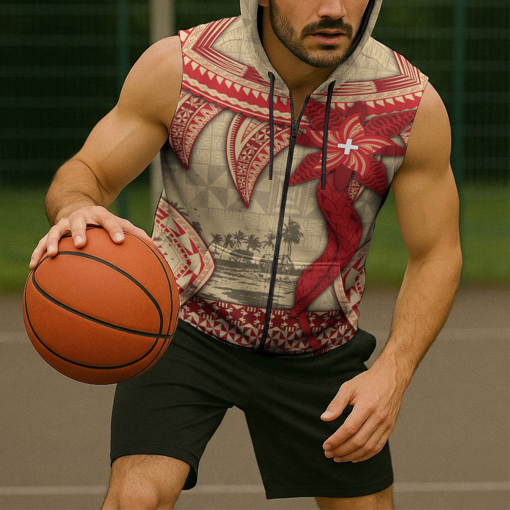 Tonga Language Week Sleeveless Zip Hoodie Tribal Cross Ngatu Floral Pattern DT05 - Polynesian Pride