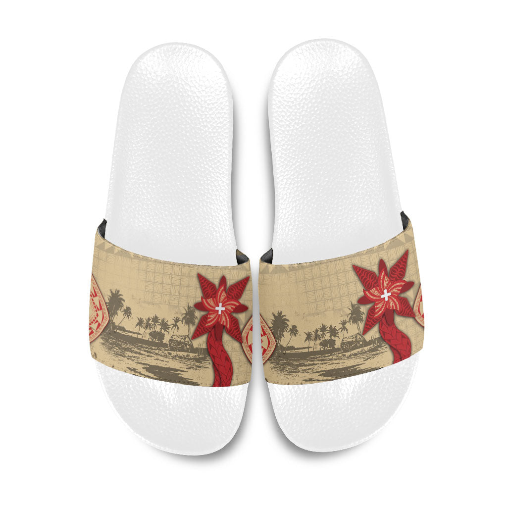 Tonga Language Week Slide Sandals Tribal Cross Ngatu Floral Pattern DT05 Red - Polynesian Pride