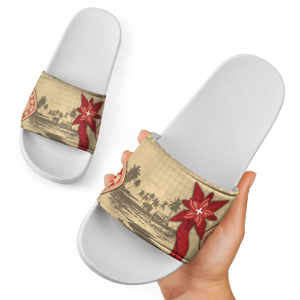 Tonga Language Week Slide Sandals Tribal Cross Ngatu Floral Pattern DT05 - Polynesian Pride