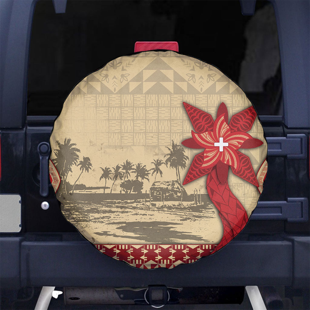 Tonga Language Week Spare Tire Cover Tribal Cross Ngatu Floral Pattern DT05 No hole Red - Polynesian Pride