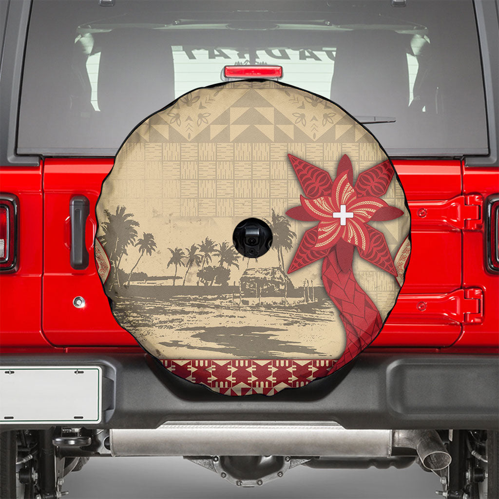 Tonga Language Week Spare Tire Cover Tribal Cross Ngatu Floral Pattern DT05 - Polynesian Pride