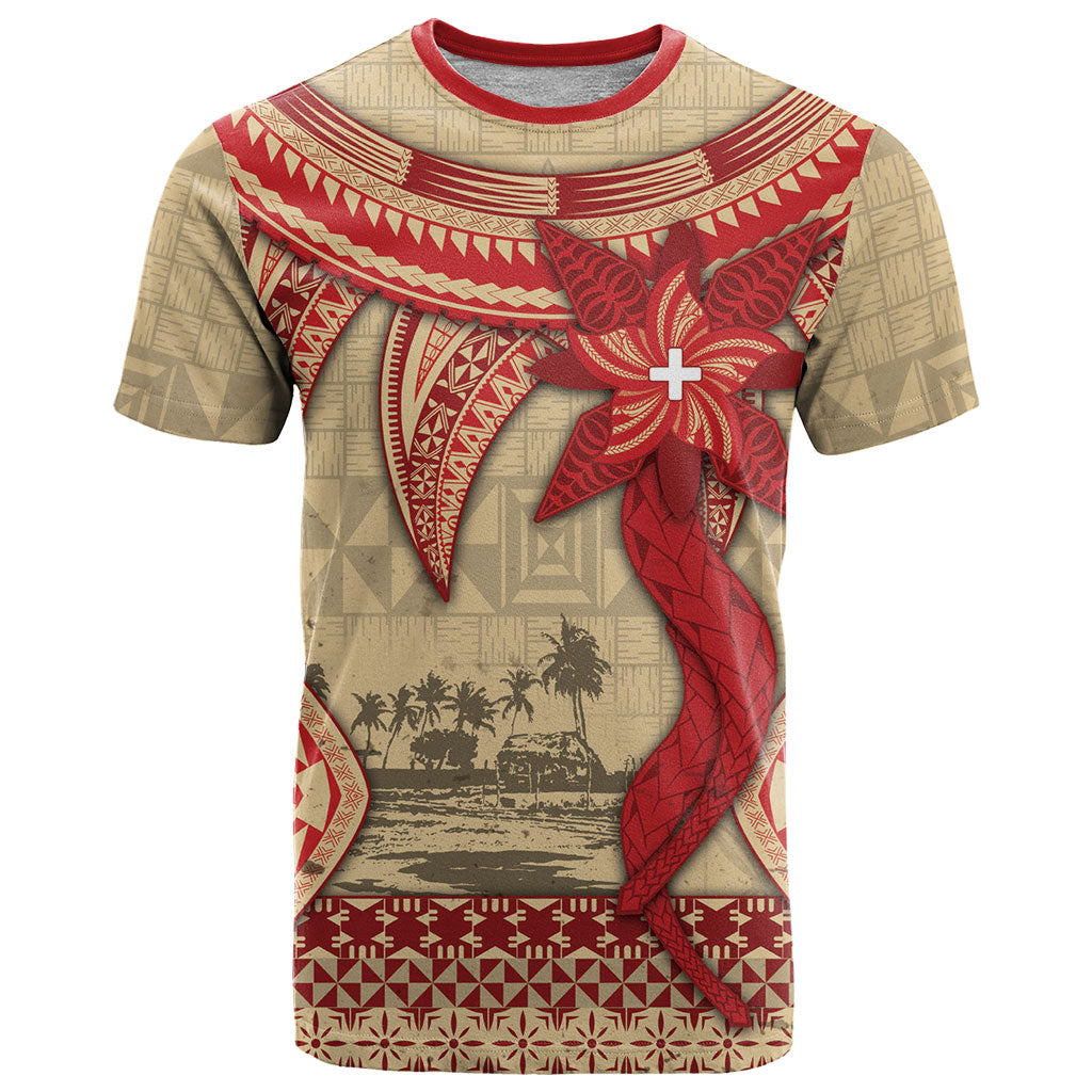 Tonga Language Week T Shirt Tribal Cross Ngatu Floral Pattern DT05 Red - Polynesian Pride