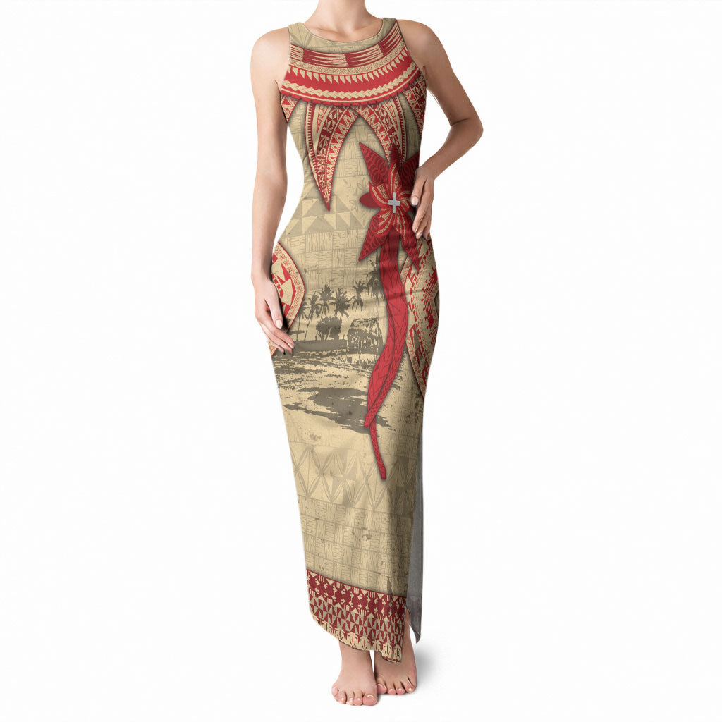 Tonga Language Week Tank Maxi Dress Tribal Cross Ngatu Floral Pattern DT05 Women Red - Polynesian Pride