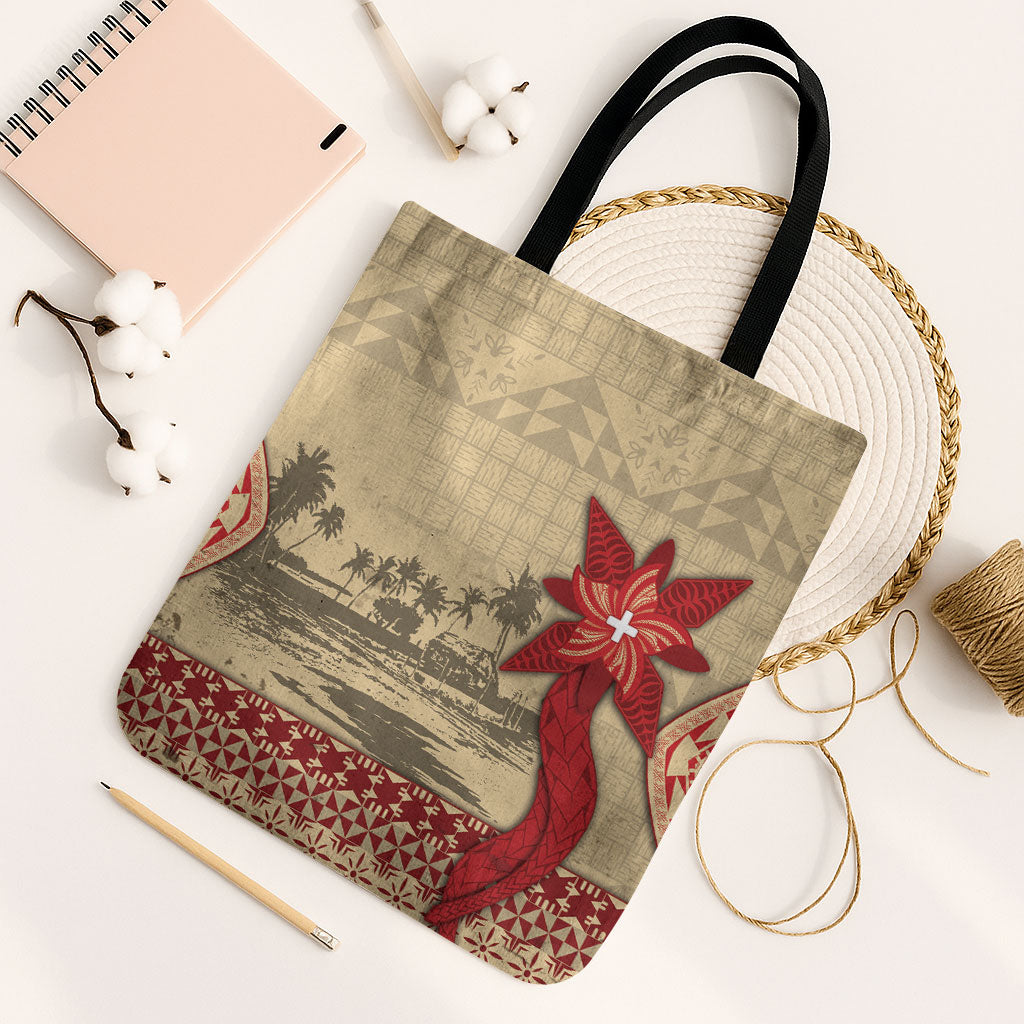 Tonga Language Week Tote Bag Tribal Cross Ngatu Floral Pattern DT05 Black Strap One Size Red - Polynesian Pride