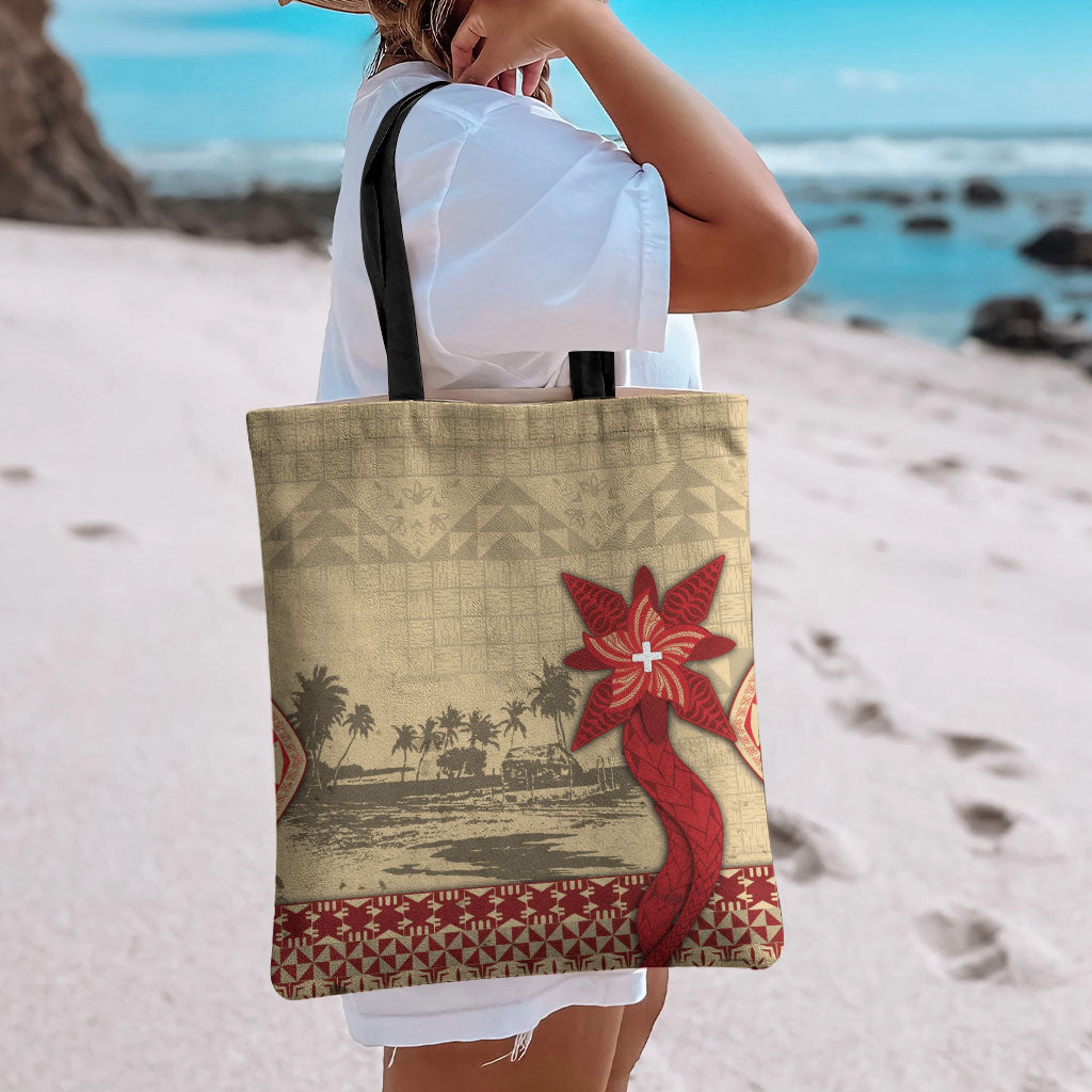 Tonga Language Week Tote Bag Tribal Cross Ngatu Floral Pattern DT05 - Polynesian Pride