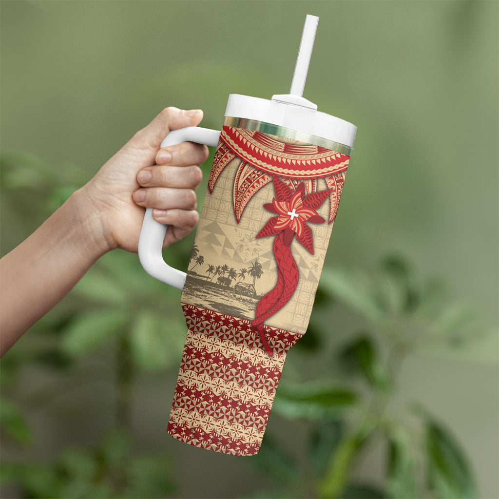 Tonga Language Week Tumbler With Handle Tribal Cross Ngatu Floral Pattern DT05 - Polynesian Pride