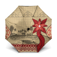 Tonga Language Week Umbrella Tribal Cross Ngatu Floral Pattern DT05 One Size Folded 11.42 inch Opened Diameter 37.4 inch Red - Polynesian Pride