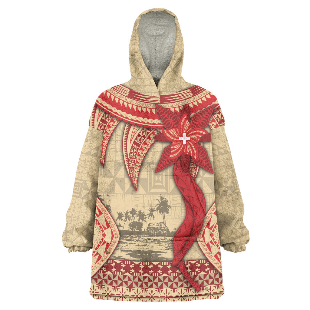 Tonga Language Week Wearable Blanket Hoodie Tribal Cross Ngatu Floral Pattern DT05 One Size Red - Polynesian Pride