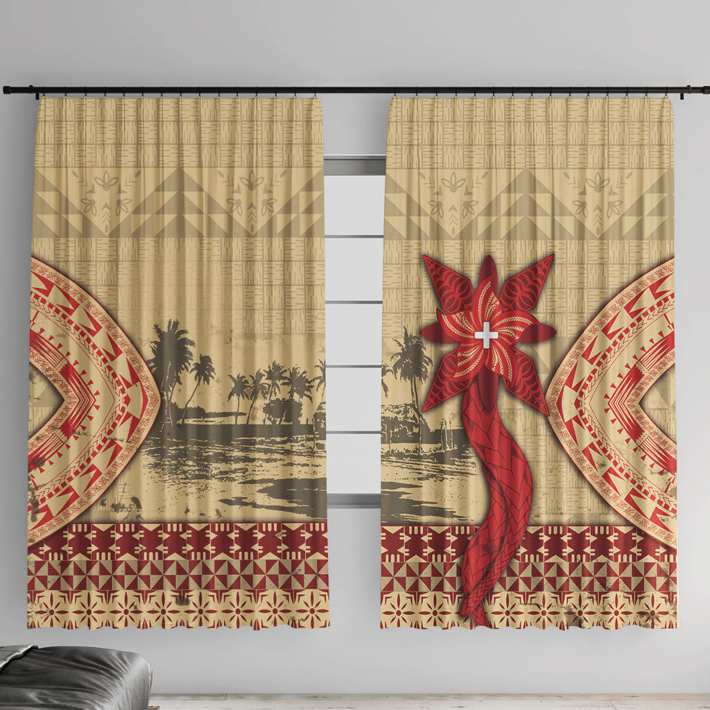 Tonga Language Week Window Curtain Tribal Cross Ngatu Floral Pattern DT05 With Hooks Red - Polynesian Pride
